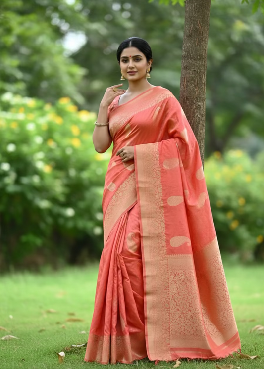 Peach Colour Mushru Silk Saree - Banaras