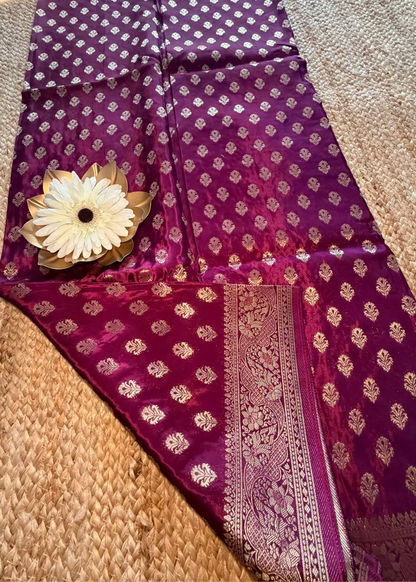 Winish Maroon Chinon Silk Saree - Banaras