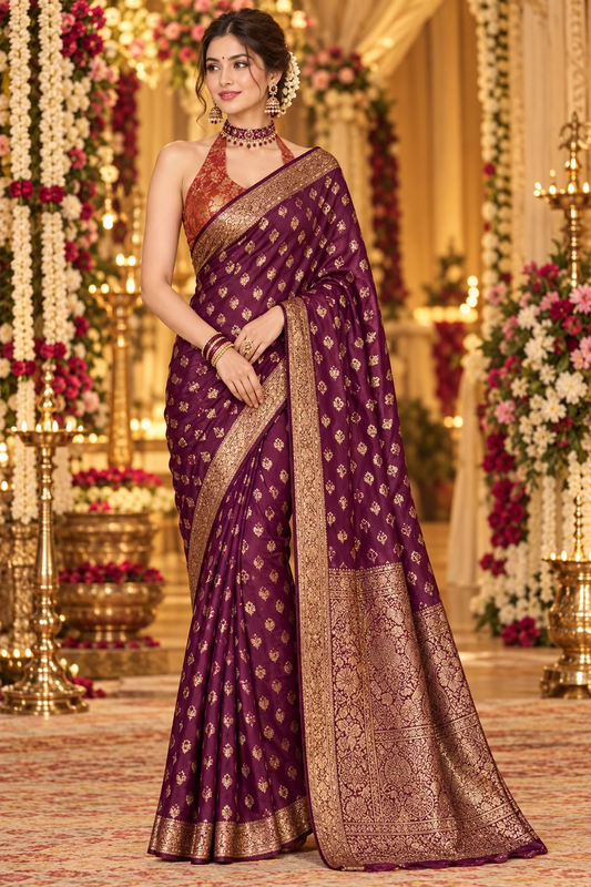 Winish Maroon Chinon Silk Saree - Banaras
