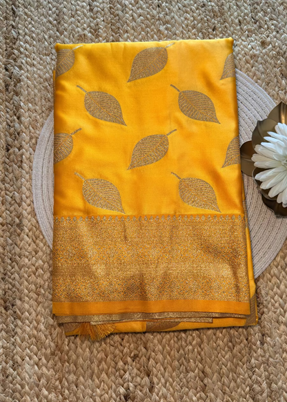 Yellow Leaf Design Semi Silk Saree - Banaras