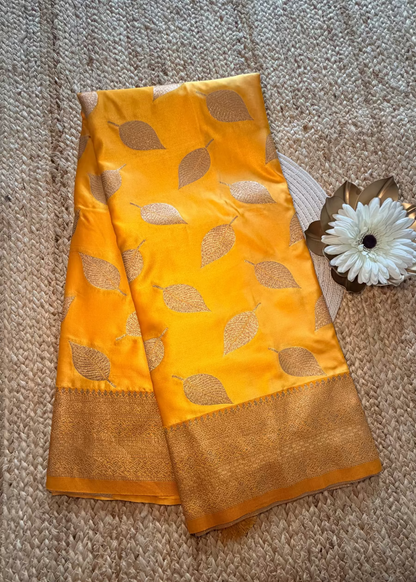 Yellow Leaf Design Semi Silk Saree - Banaras