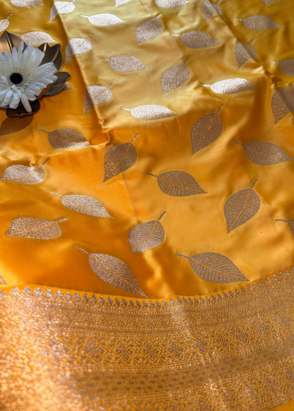 Yellow Leaf Design Semi Silk Saree - Banaras