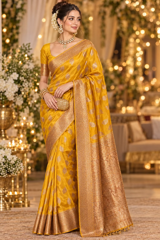 Yellow Leaf Design Semi Silk Saree - Banaras