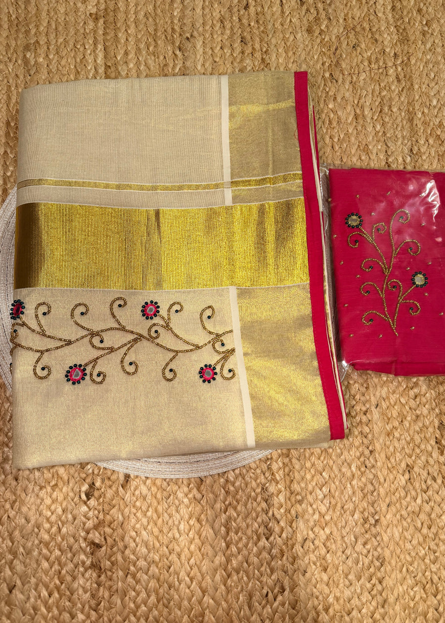 Kerala Tissue Kasavu Saree With Ari Work- Kerala