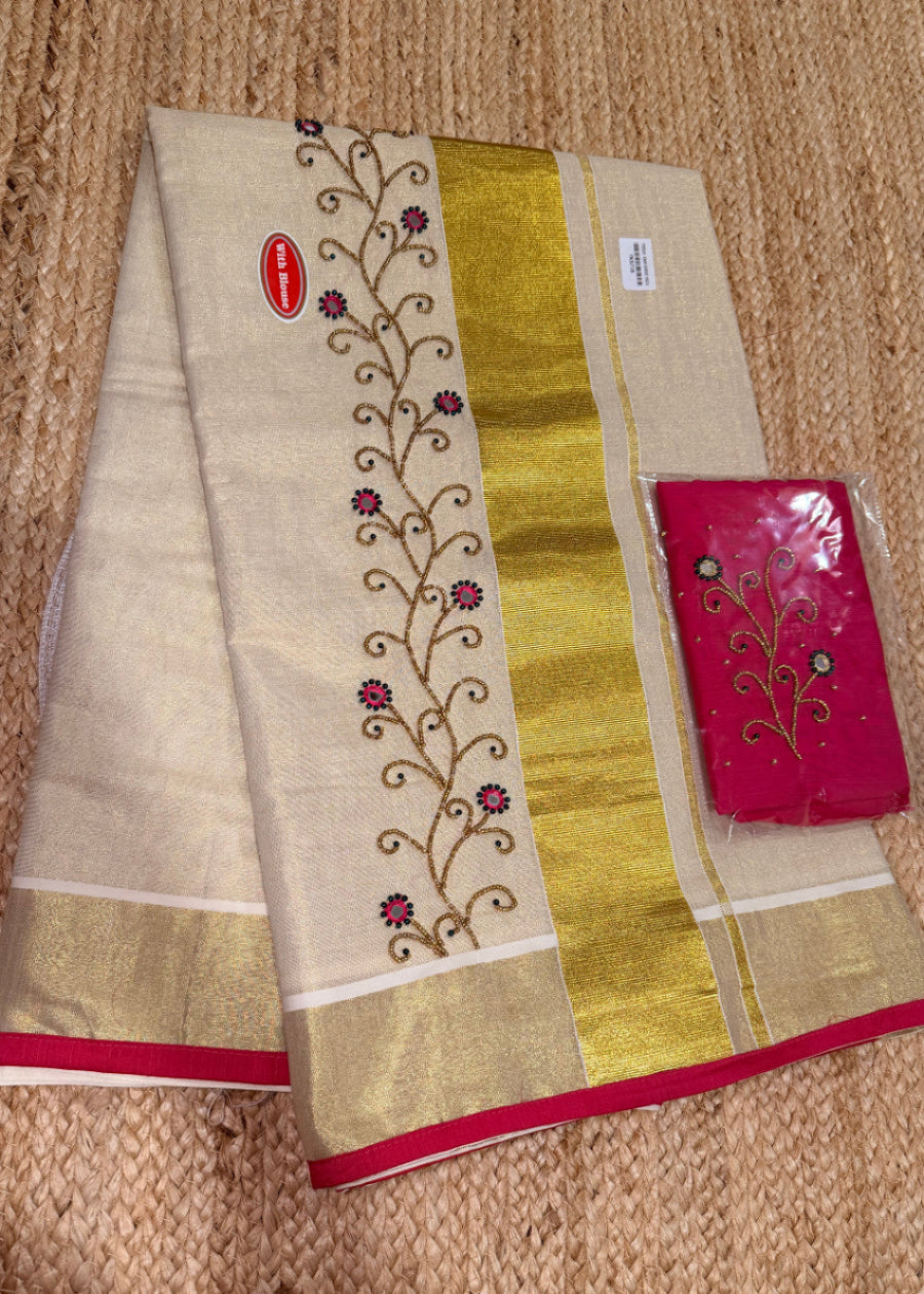Kerala Tissue Kasavu Saree With Ari Work- Kerala