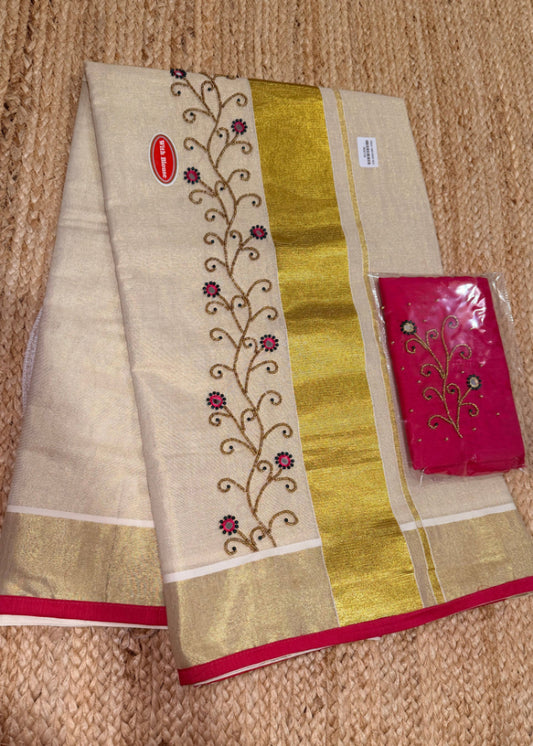 Kerala Tissue Kasavu Saree With Ari Work- Kerala