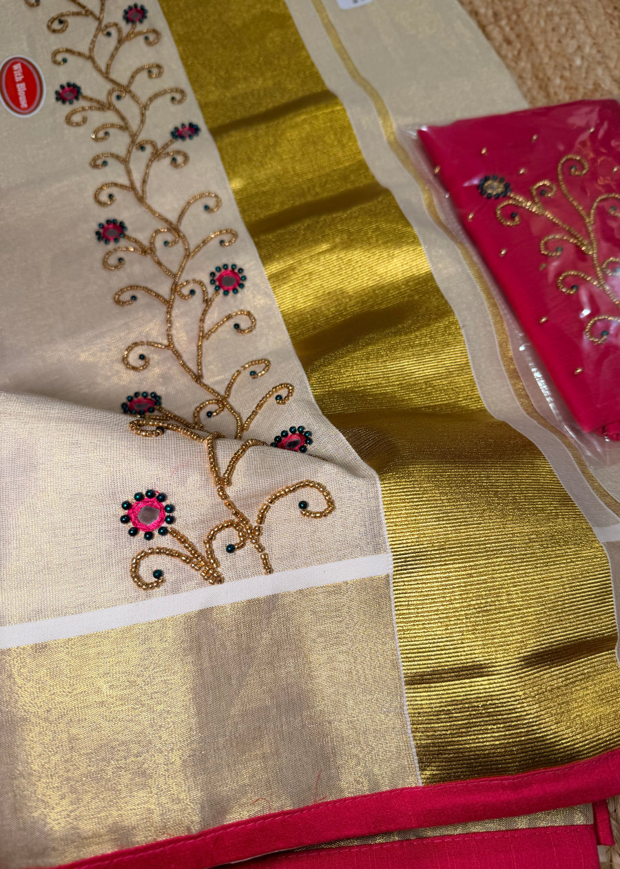 Kerala Tissue Kasavu Saree With Ari Work- Kerala
