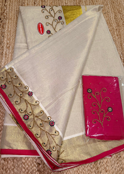 Kerala Tissue Kasavu Saree With Ari Work- Kerala