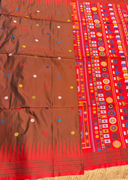 Brown And Red Berhampuri Inspired Semi Silk- Bengal