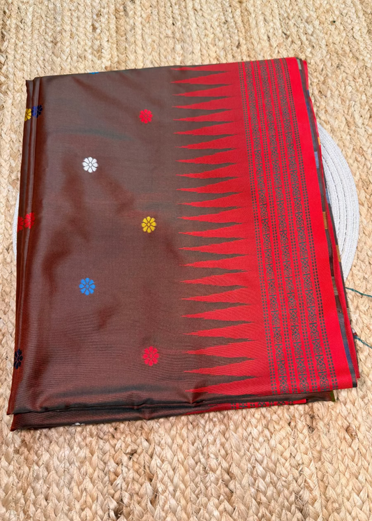 Brown And Red Berhampuri Inspired Semi Silk- Bengal