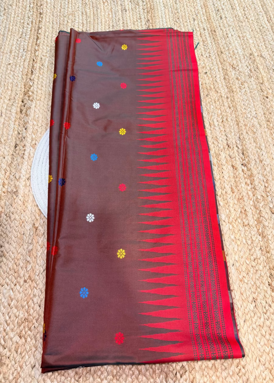 Brown And Red Berhampuri Inspired Semi Silk- Bengal