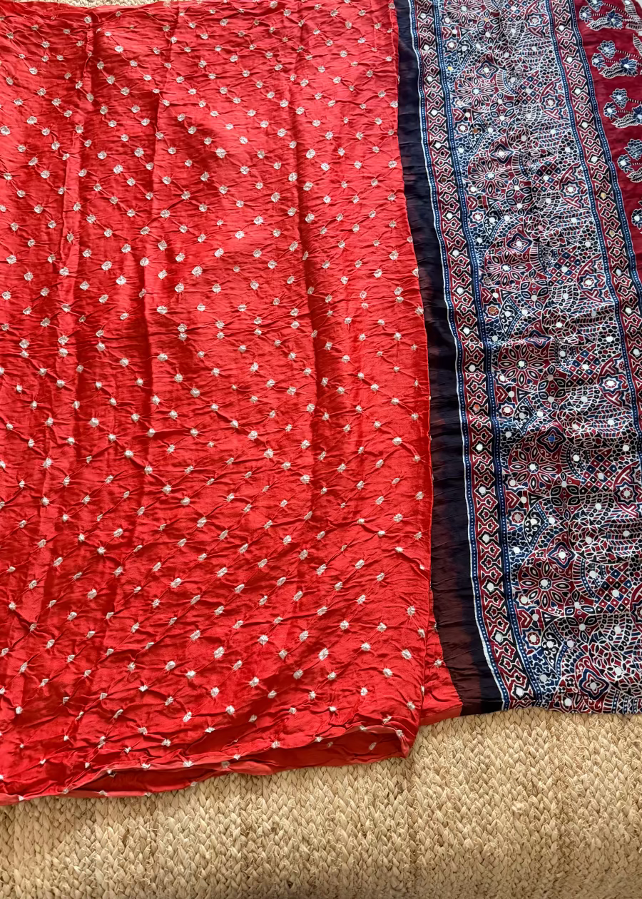 Dark Peach Colour Bandhni Modal Silk With Mirror Work- Gujarat