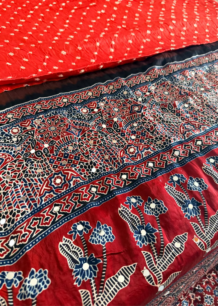 Dark Peach Colour Bandhni Modal Silk With Mirror Work- Gujarat