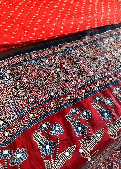 Dark Peach Colour Bandhni Modal Silk With Mirror Work- Gujarat