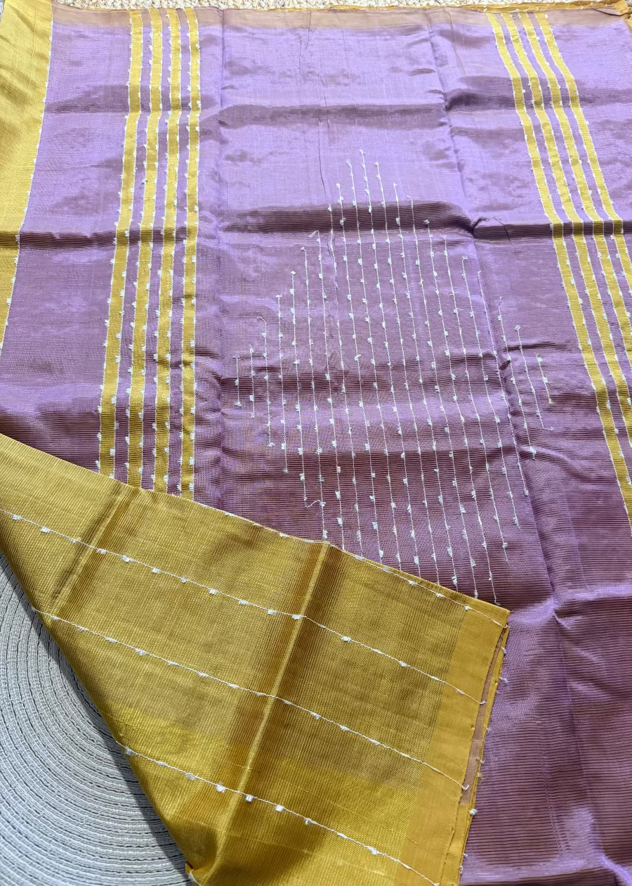 Mustard Yellow and Lavender Mangalgiri Cotton Silk Saree- Andhra