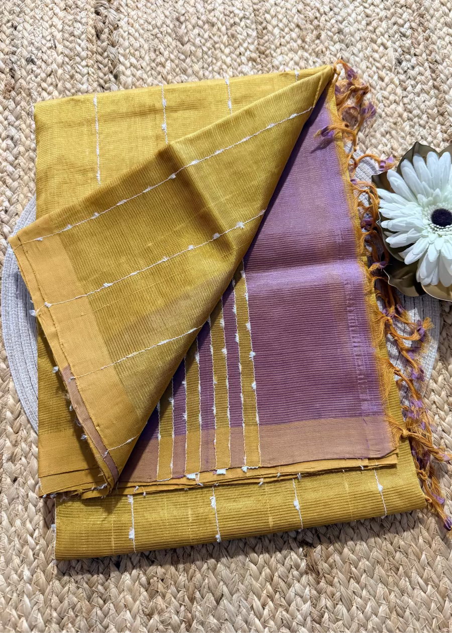 Mustard Yellow and Lavender Mangalgiri Cotton Silk Saree- Andhra