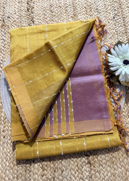 Mustard Yellow and Lavender Mangalgiri Cotton Silk Saree- Andhra