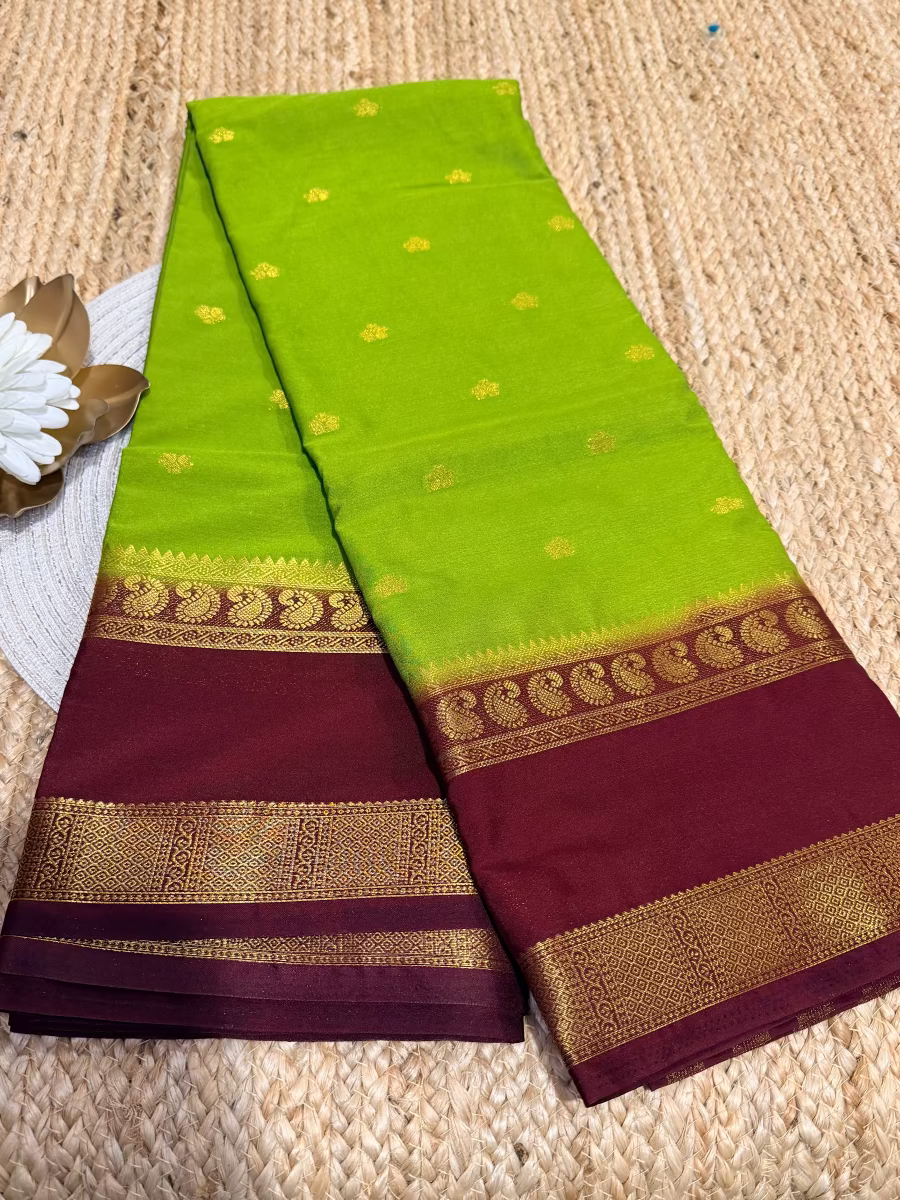 Leaf Green & Brown Blended Mysore Silk Saree - Karnataka.