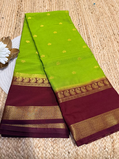 Leaf Green & Brown Blended Mysore Silk Saree - Karnataka.