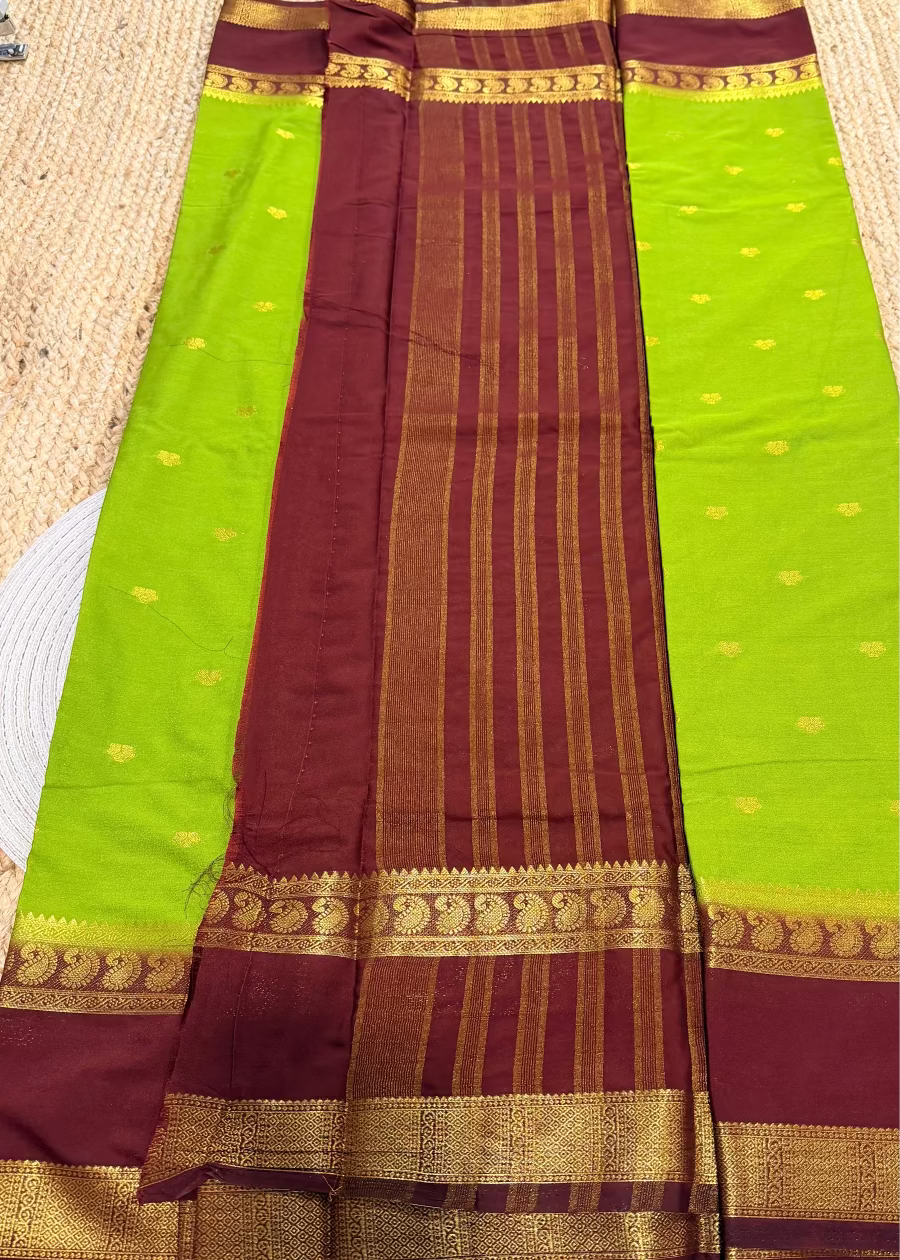 Leaf Green & Brown Blended Mysore Silk Saree - Karnataka.