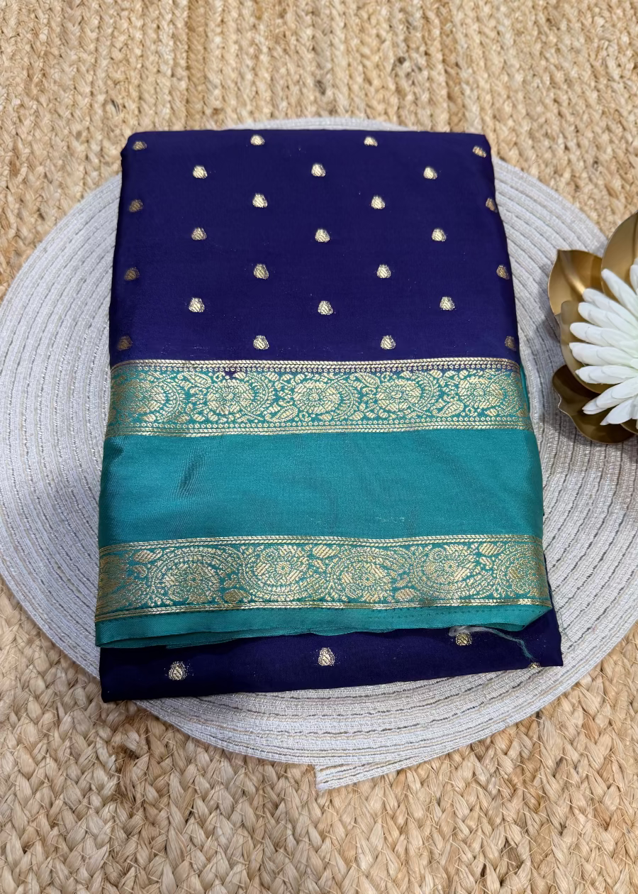 Teal and Navy Blue Blended Mysore Silk Saree - Karnataka