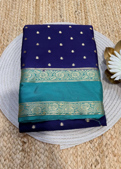 Teal and Navy Blue Blended Mysore Silk Saree - Karnataka