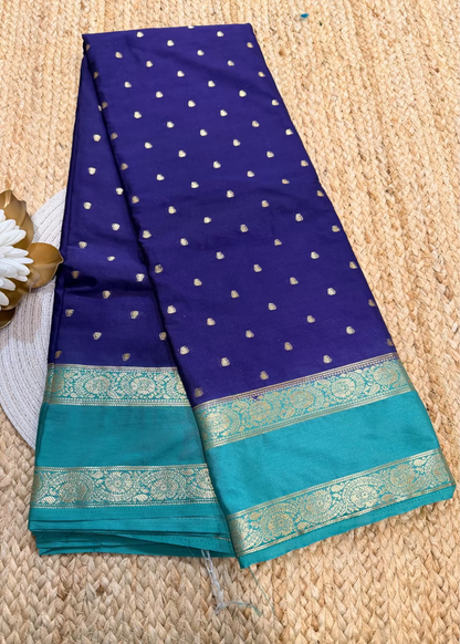 Teal and Navy Blue Blended Mysore Silk Saree - Karnataka