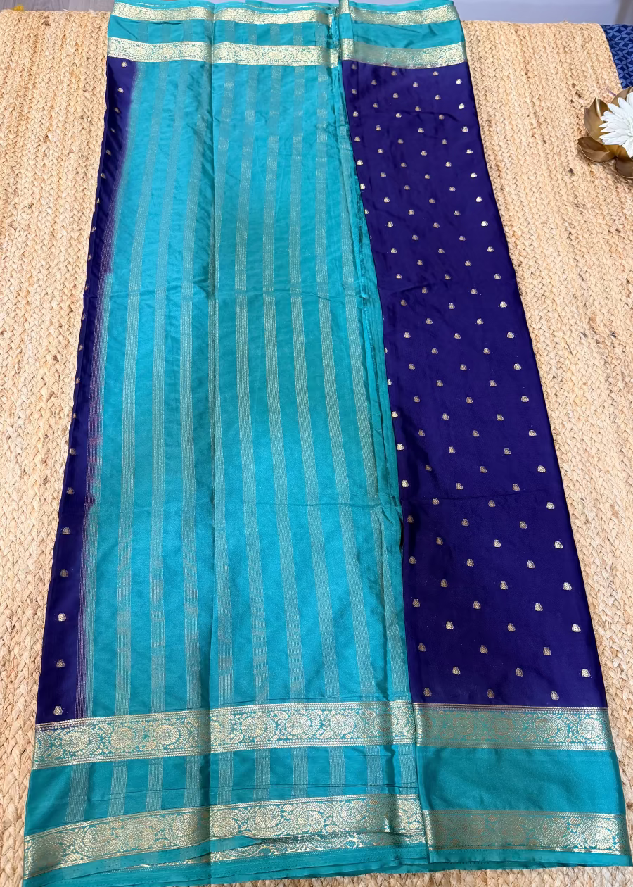 Teal and Navy Blue Blended Mysore Silk Saree - Karnataka