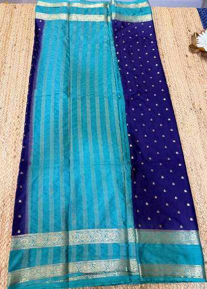 Teal and Navy Blue Blended Mysore Silk Saree - Karnataka