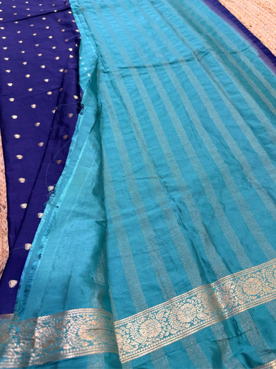 Teal and Navy Blue Blended Mysore Silk Saree - Karnataka