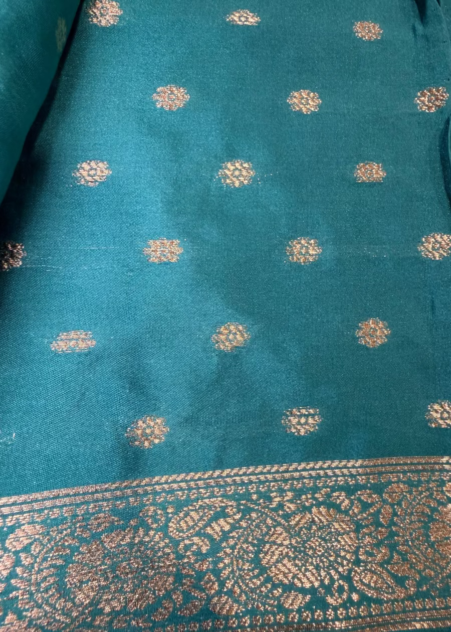 Teal and Navy Blue Blended Mysore Silk Saree - Karnataka