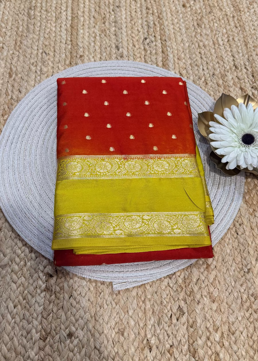 Brick Red and Lemon Yellow Blended Mysore Silk Saree - Karnataka