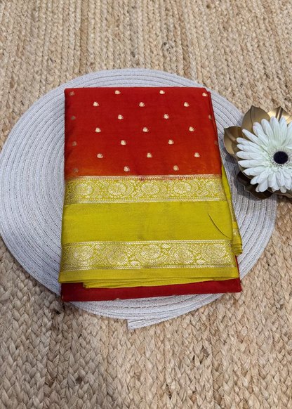Brick Red and Lemon Yellow Blended Mysore Silk Saree - Karnataka