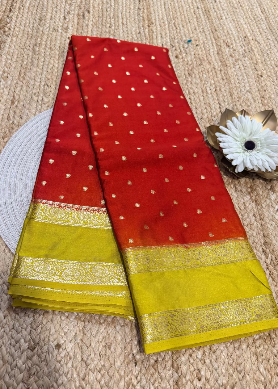 Brick Red and Lemon Yellow Blended Mysore Silk Saree - Karnataka