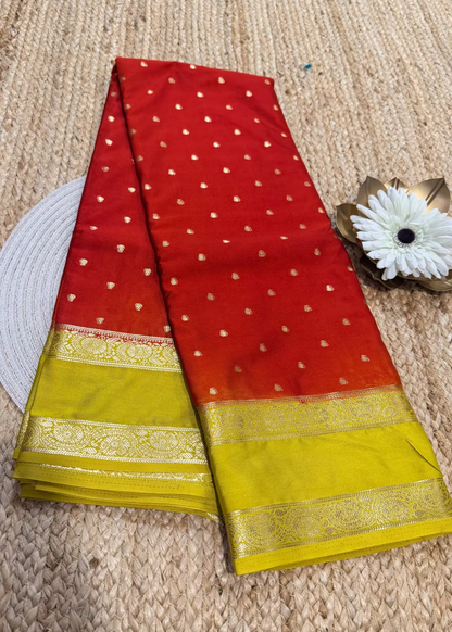 Brick Red and Lemon Yellow Blended Mysore Silk Saree - Karnataka