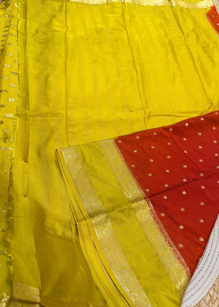 Brick Red and Lemon Yellow Blended Mysore Silk Saree - Karnataka