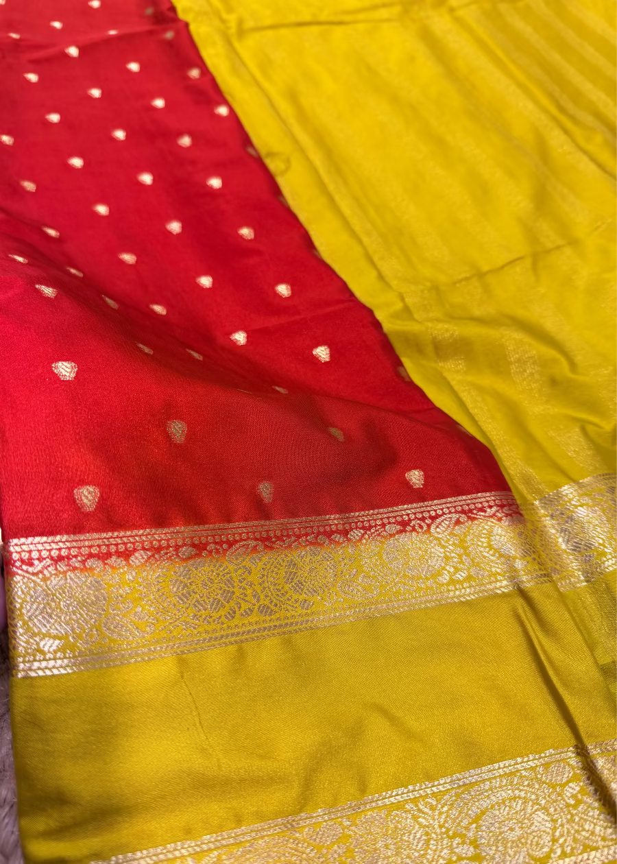 Brick Red and Lemon Yellow Blended Mysore Silk Saree - Karnataka