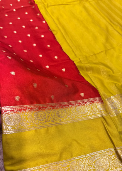 Brick Red and Lemon Yellow Blended Mysore Silk Saree - Karnataka