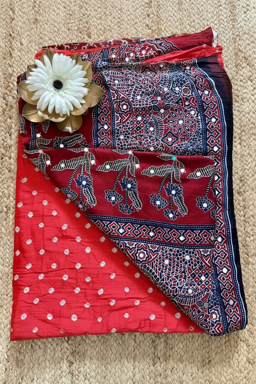 Dark Peach Colour Bandhni Modal Silk With Mirror Work- Gujarat