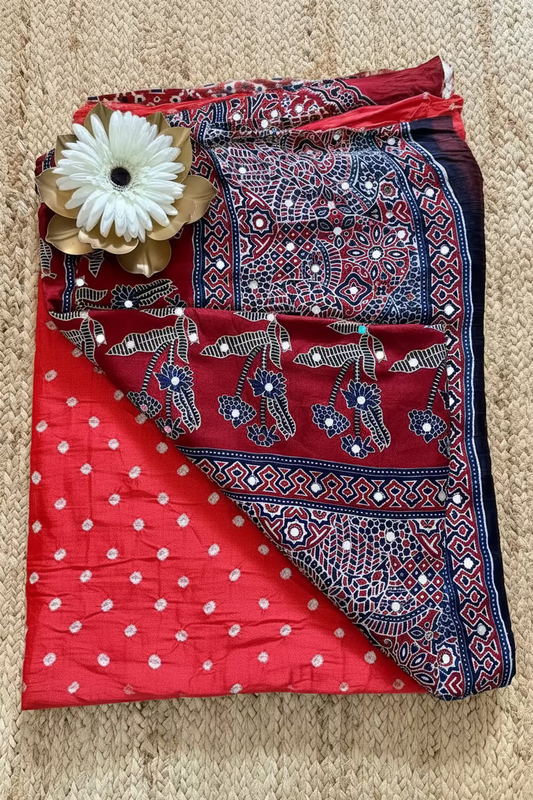 Dark Peach Colour Bandhni Modal Silk With Mirror Work- Gujarat