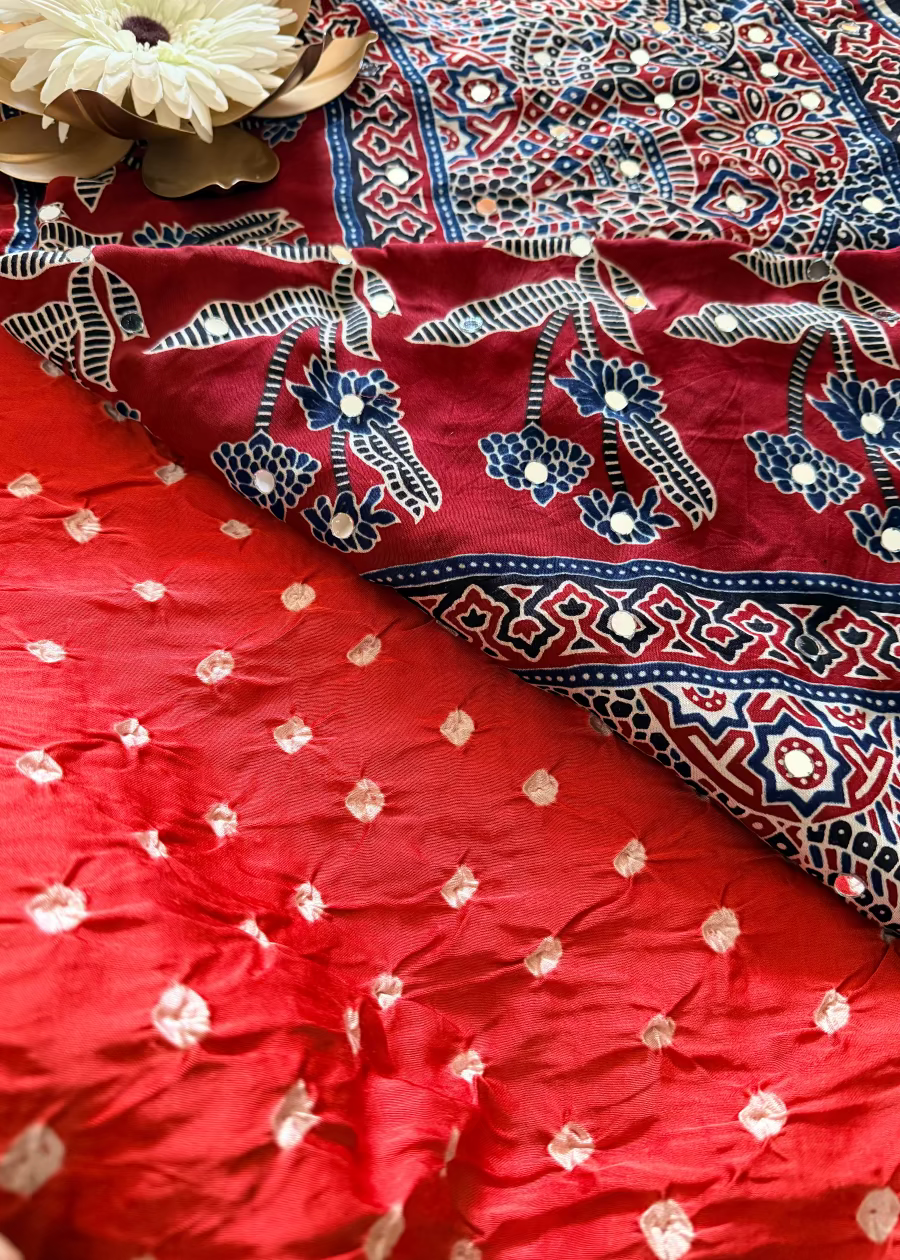 Dark Peach Colour Bandhni Modal Silk With Mirror Work- Gujarat