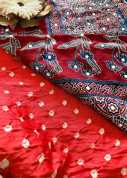 Dark Peach Colour Bandhni Modal Silk With Mirror Work- Gujarat