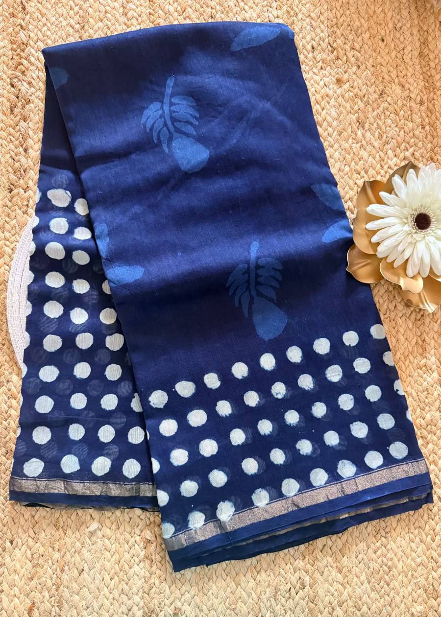 Indigo Colour Chanderi Block Printed  Saree - Jaipur