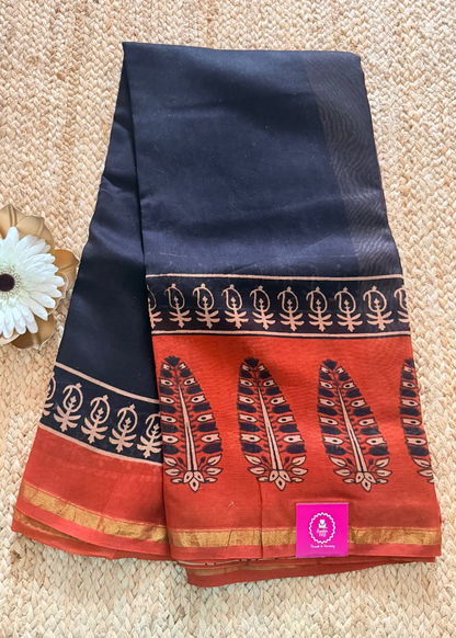 Black & Brick Red Chanderi Block Printed Saree - Jaipur