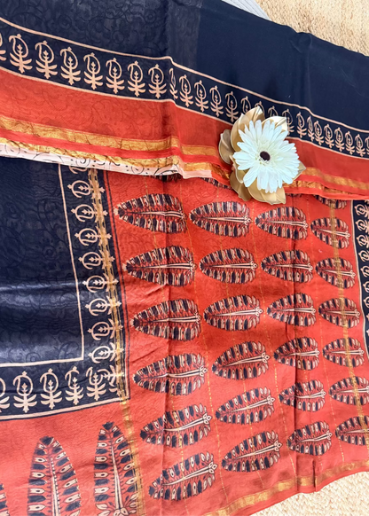 Black & Brick Red Chanderi Block Printed Saree - Jaipur