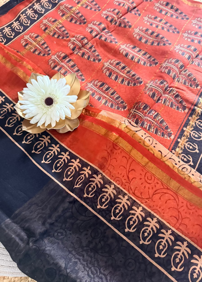 Black & Brick Red Chanderi Block Printed Saree - Jaipur