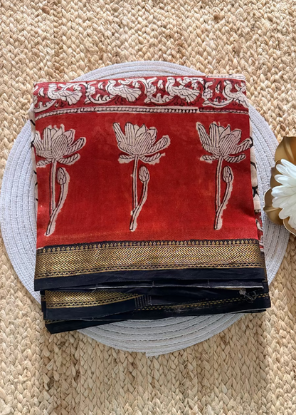 White & Red Maheshwari Handblock Block Printed  Saree - Jaipur