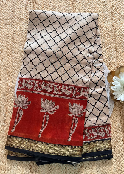 White & Red Maheshwari Handblock Block Printed  Saree - Jaipur