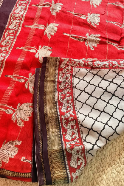 White & Red Maheshwari Handblock Block Printed  Saree - Jaipur