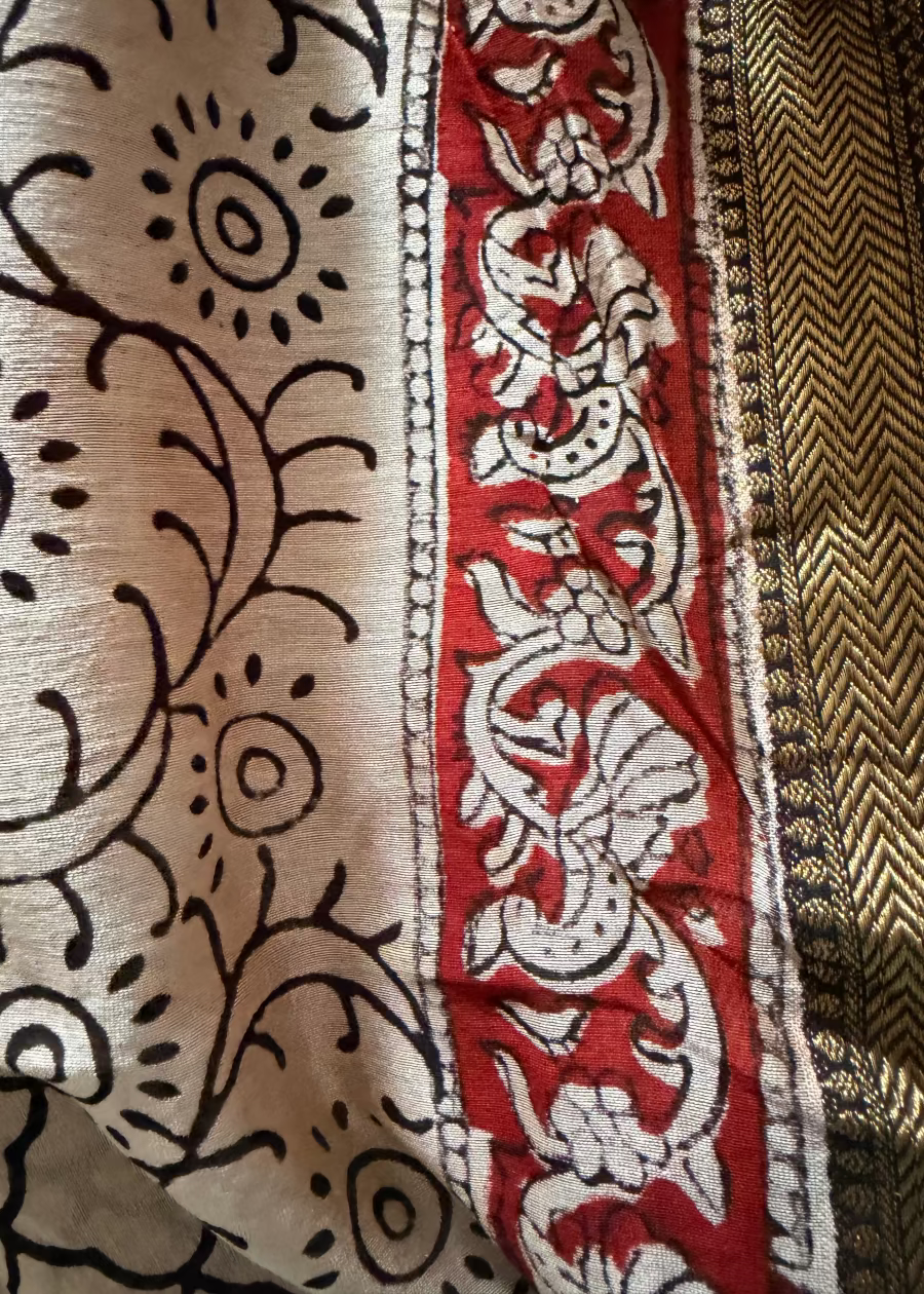 White & Red Maheshwari Handblock Block Printed  Saree - Jaipur